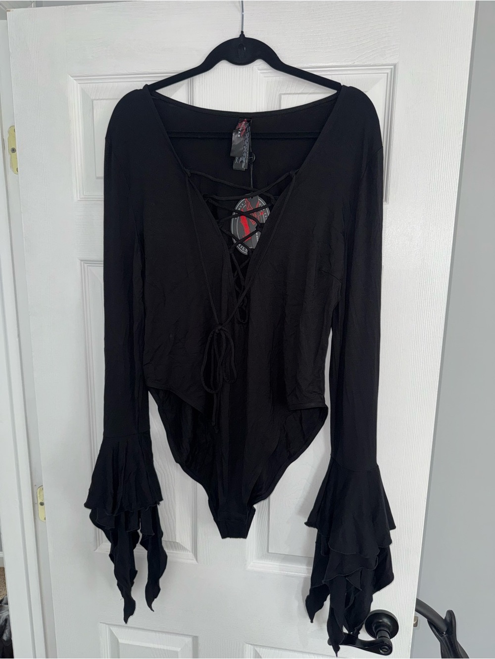 Killstar Black Lace-Up V-Neck Long Sleeve Bodysuit with Ruffled Tiered Cuffs